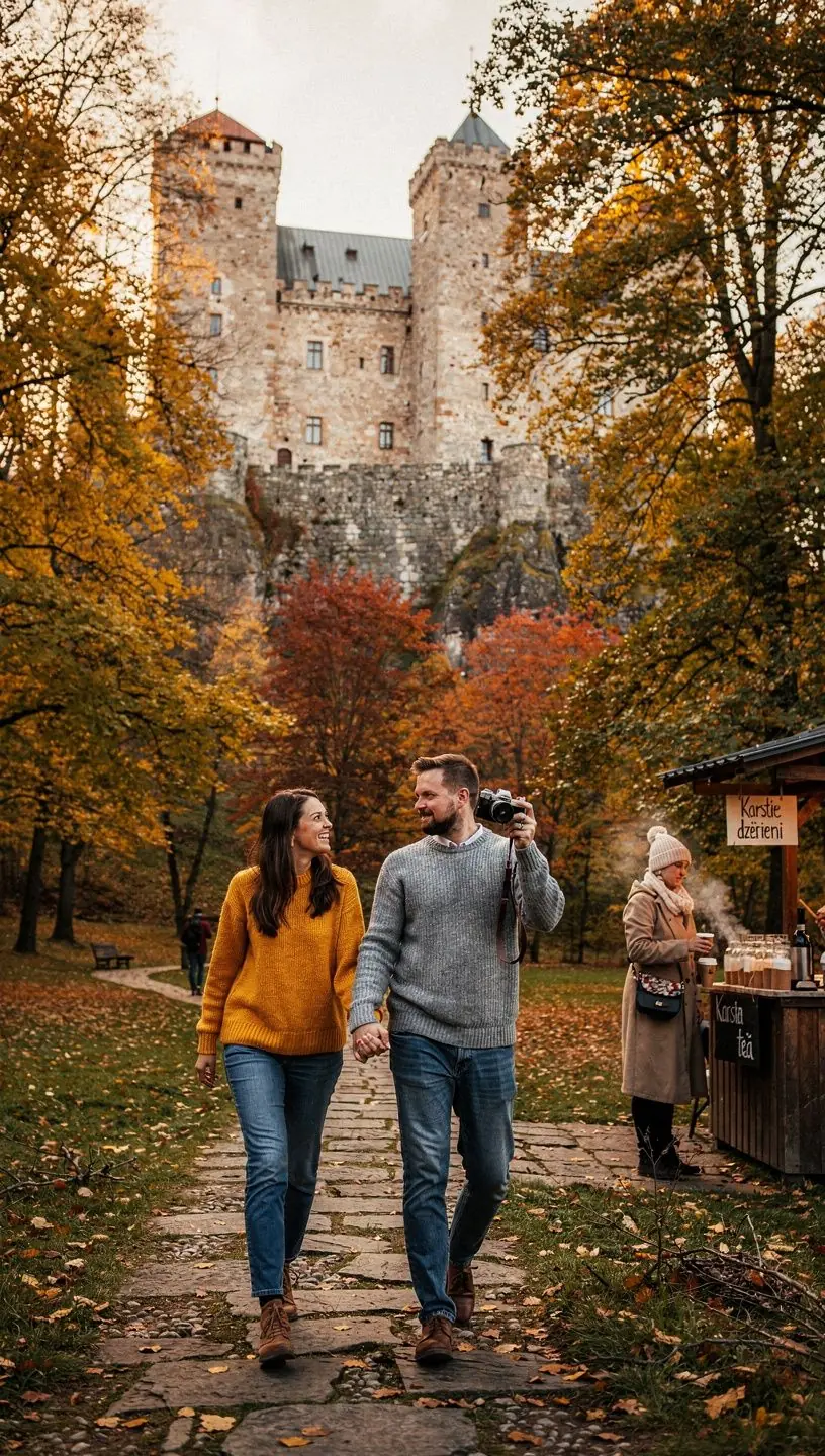 Tūristi, kas izpēta Cēsu viduslaiku pili